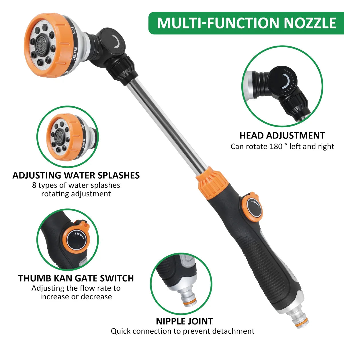 Lance d’Arrosage 47cm avec 8 Jets Réglables