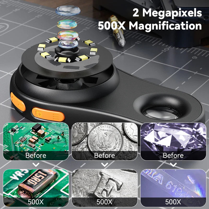 Microscope Loupe Numérique Portable 500X avec 8 LEDs Écran IPS 2 pouces