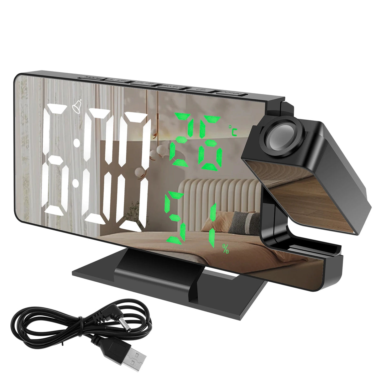Réveil Numérique LED avec Projection de l’Heure – Écran Miroir, Alarme, Thermomètre, Calendrier & Mode Nuit – Horloge de Chevet