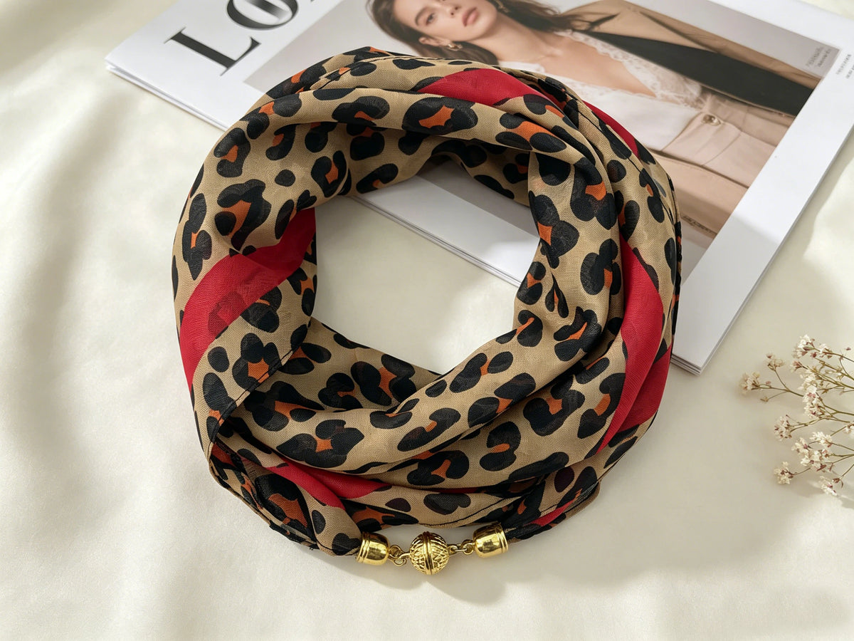 Foulard en Mousseline à Motifs Léopard Femme 60CM– Fermeture à Boucle Magnétique