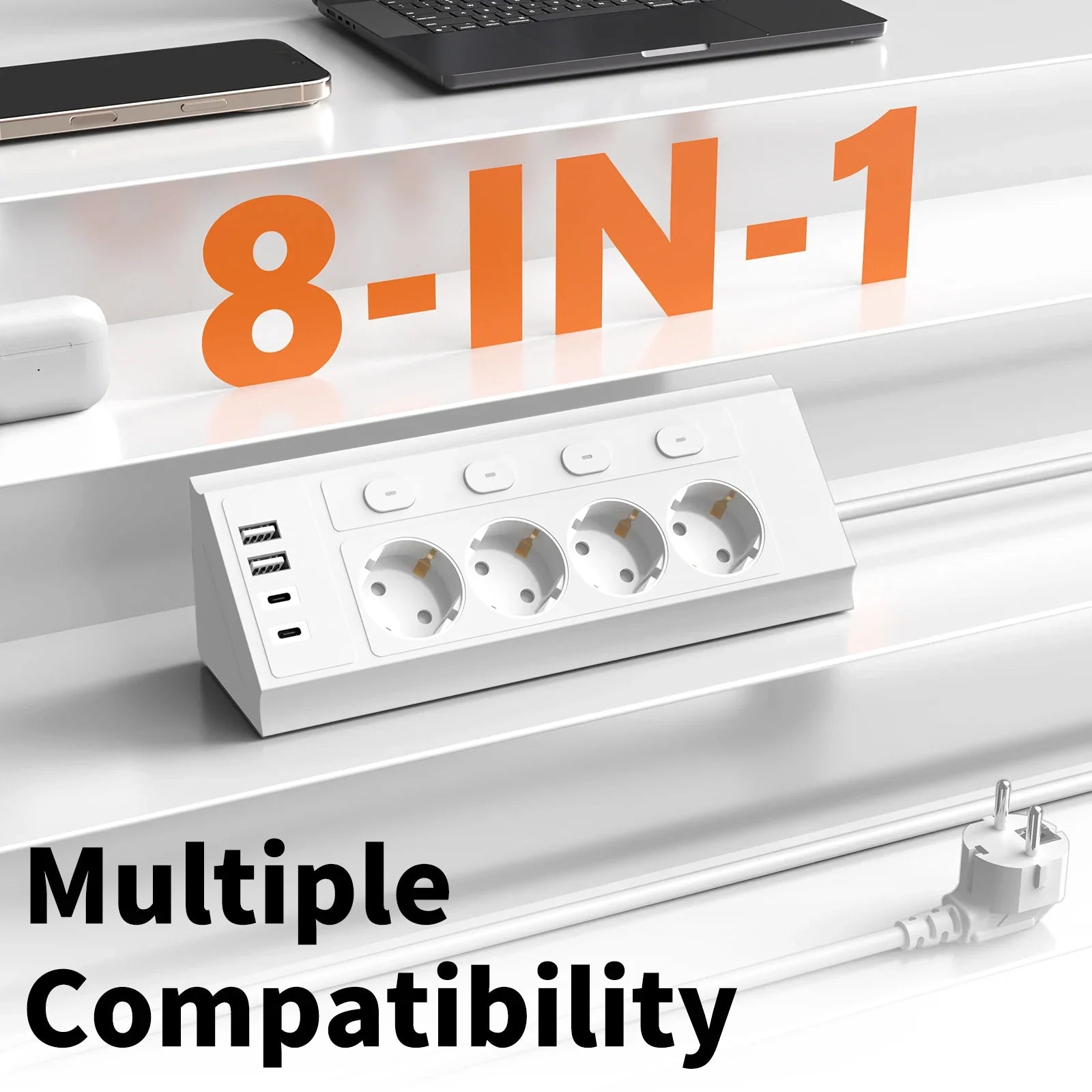 Multiprise d'Angles de Bureau avec Interrupteur de Contrôle - 4 Prises + 4 Ports
