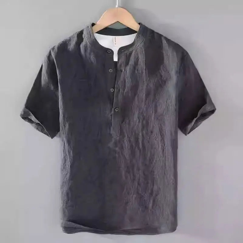 Chemise Henley Homme en Coton et Lin – Manches Courtes, Légère et Décontractée