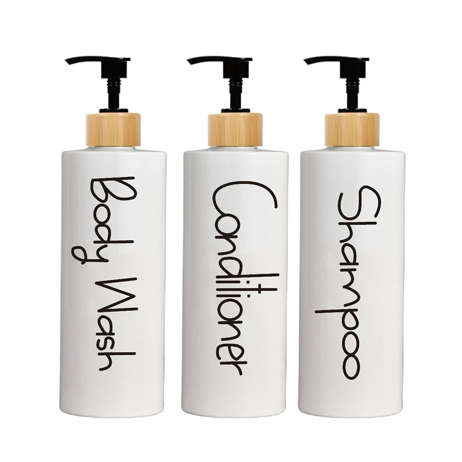 Lot 3 Flacons Pompe Rechargeables Salle de Bain — Shampoing, Gel Douche & Après-Shampooing