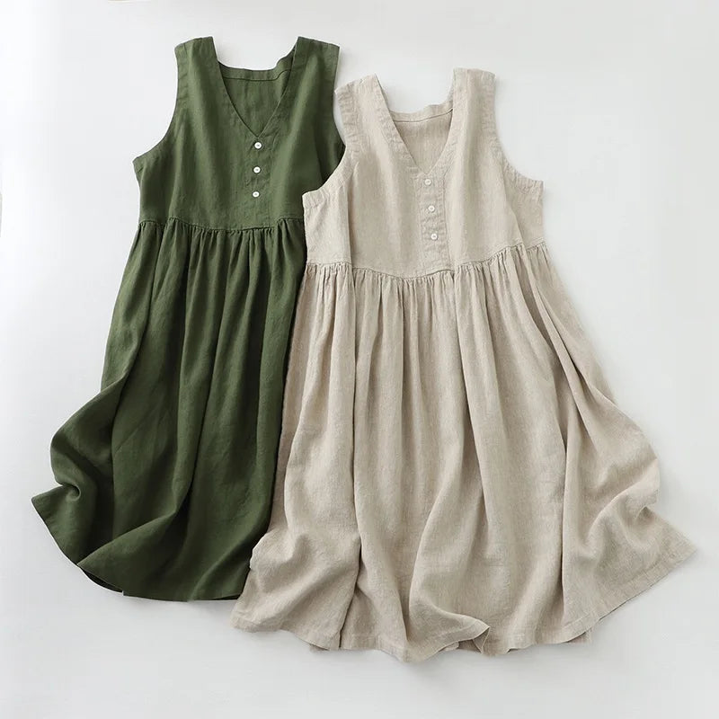 Robe Cozy en coton & Lin Sans Manche à Boutons Nacrés