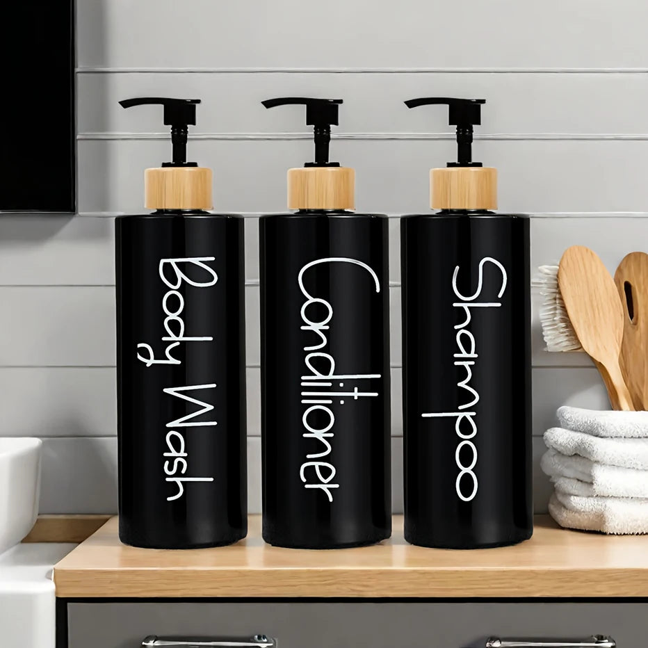 Lot 3 Flacons Pompe Rechargeables Salle de Bain — Shampoing, Gel Douche & Après-Shampooing