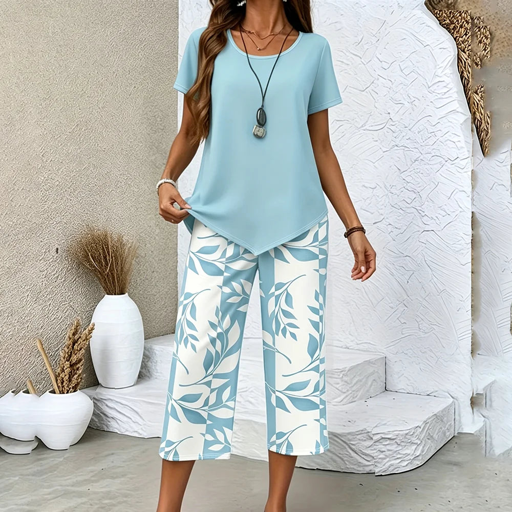 Ensemble d'été femme 2 pièces — pantalon imprimé feuilles et haut asymétrique respirant