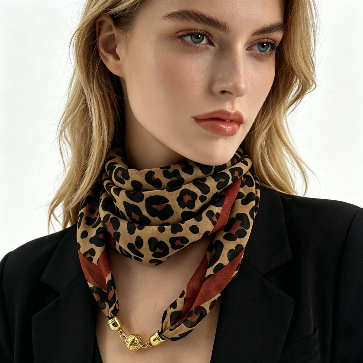 Foulard en Mousseline à Motifs Léopard Femme 60CM– Fermeture à Boucle Magnétique