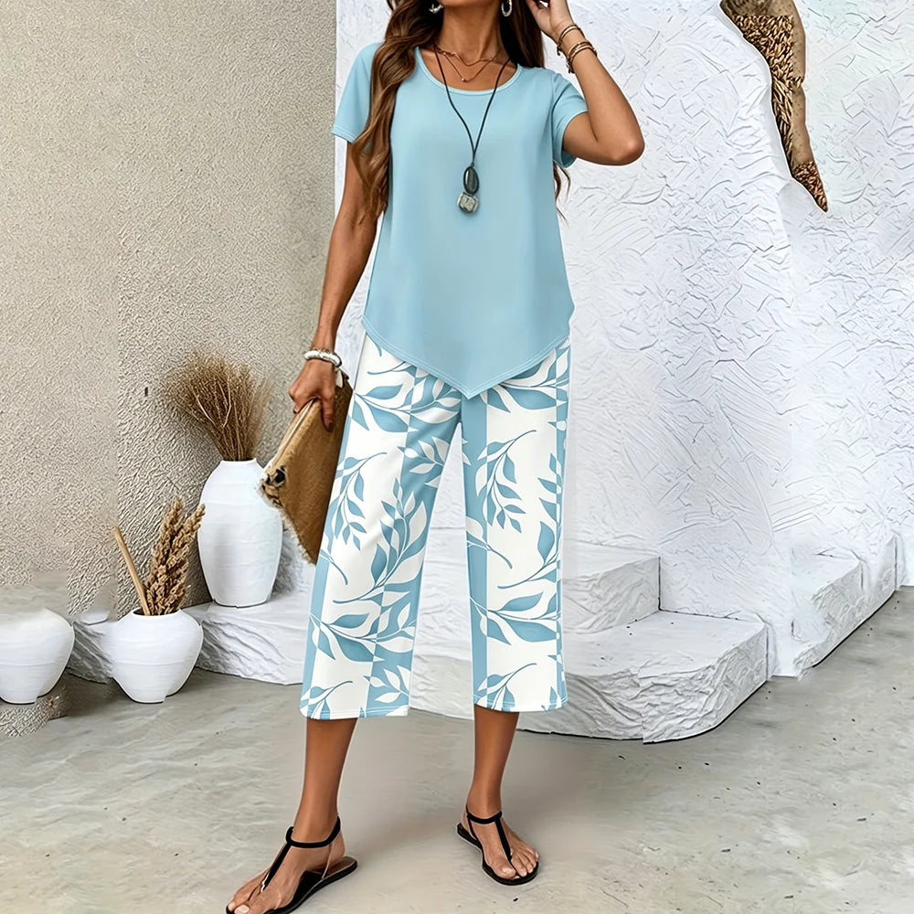 Ensemble d'été femme 2 pièces — pantalon imprimé feuilles et haut asymétrique respirant