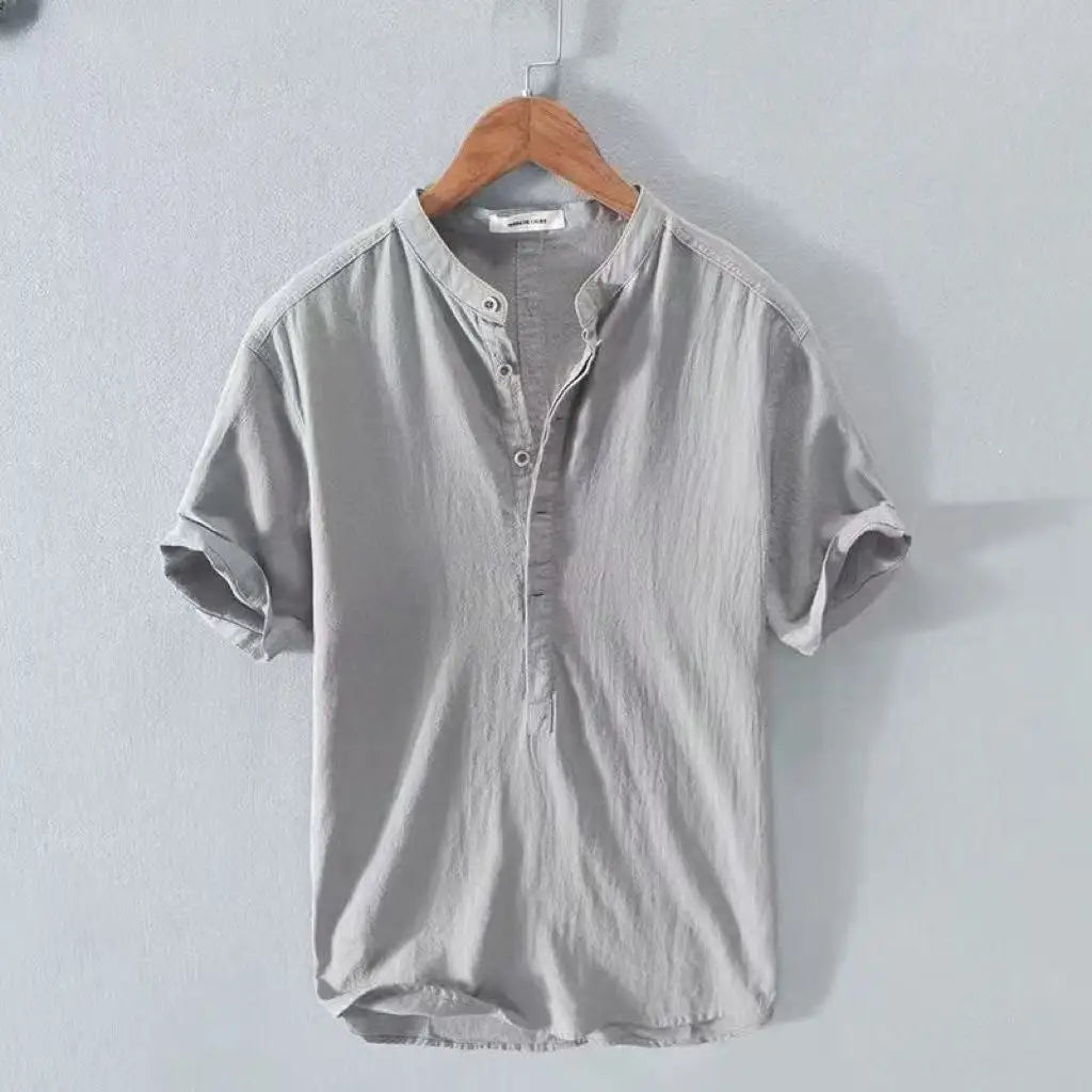 Chemise Henley Homme en Coton et Lin – Manches Courtes, Légère et Décontractée