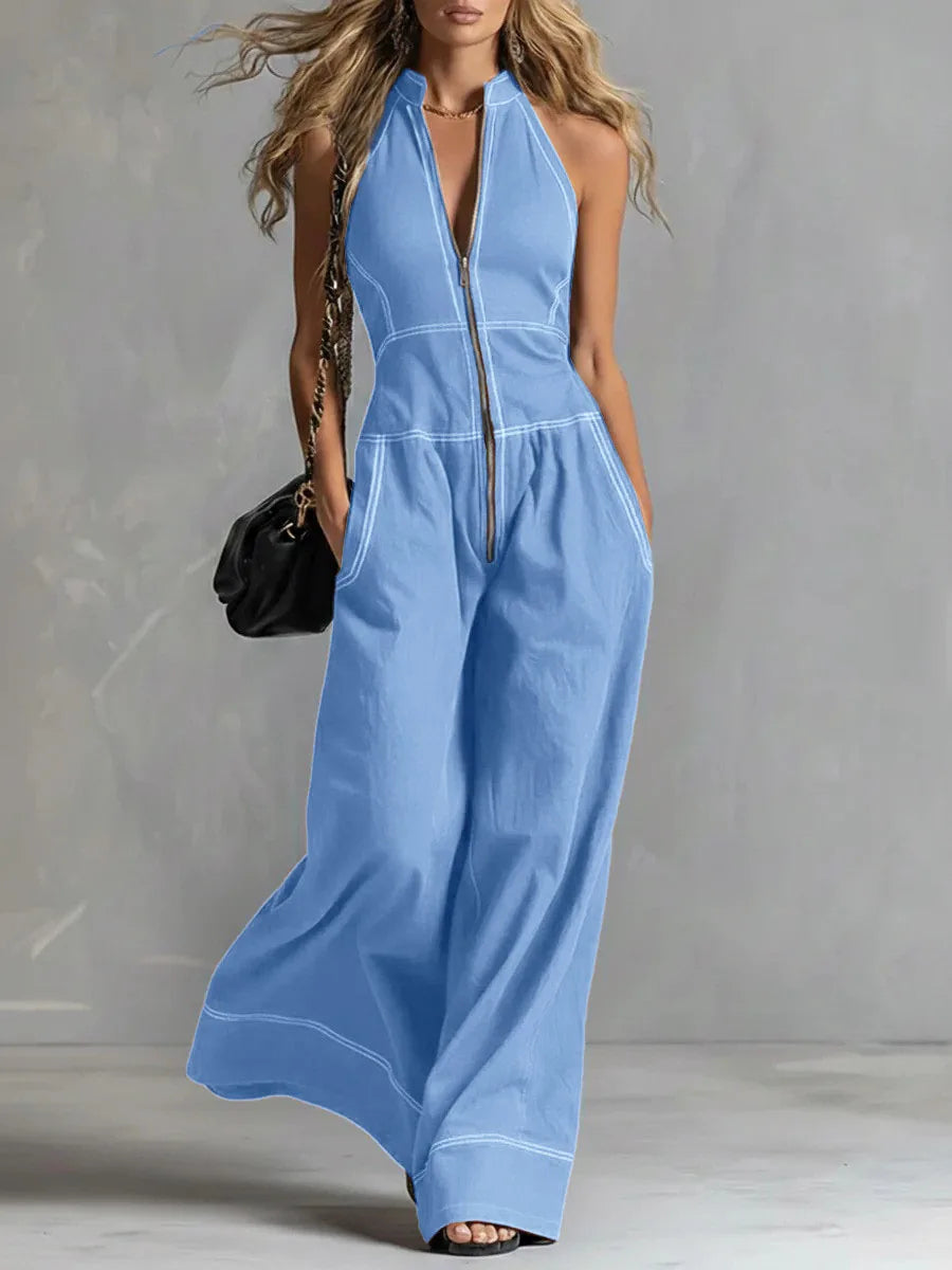 Combinaison Pantalon à Fermeture Éclair & Sans Manches – Style Rétro Années 70