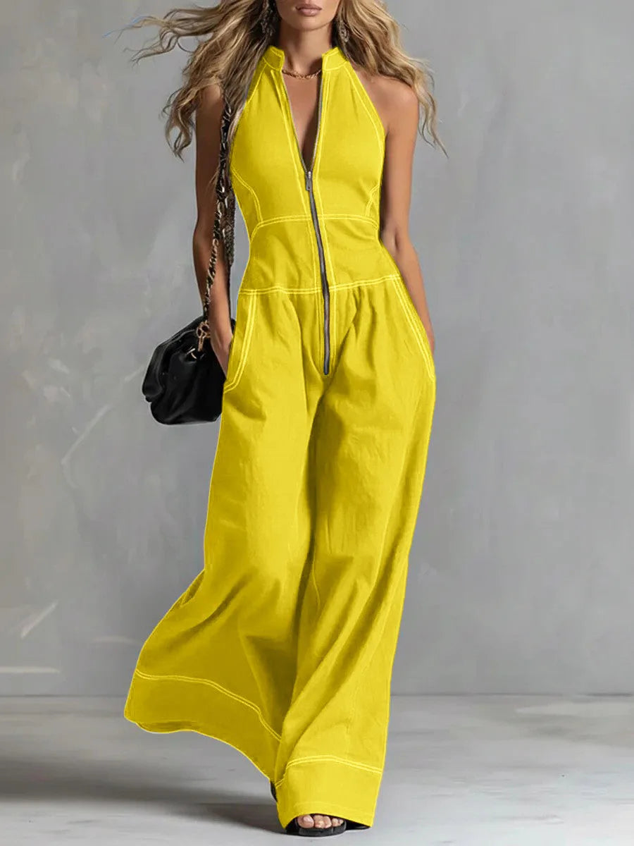 Combinaison Pantalon à Fermeture Éclair & Sans Manches – Style Rétro Années 70