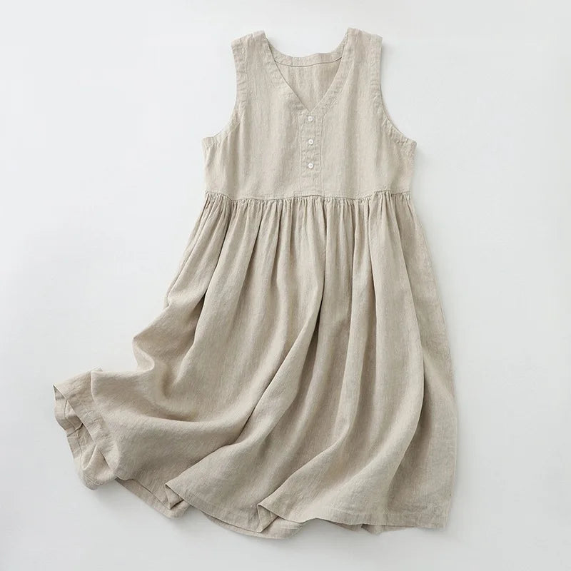 Robe Cozy en coton & Lin Sans Manche à Boutons Nacrés