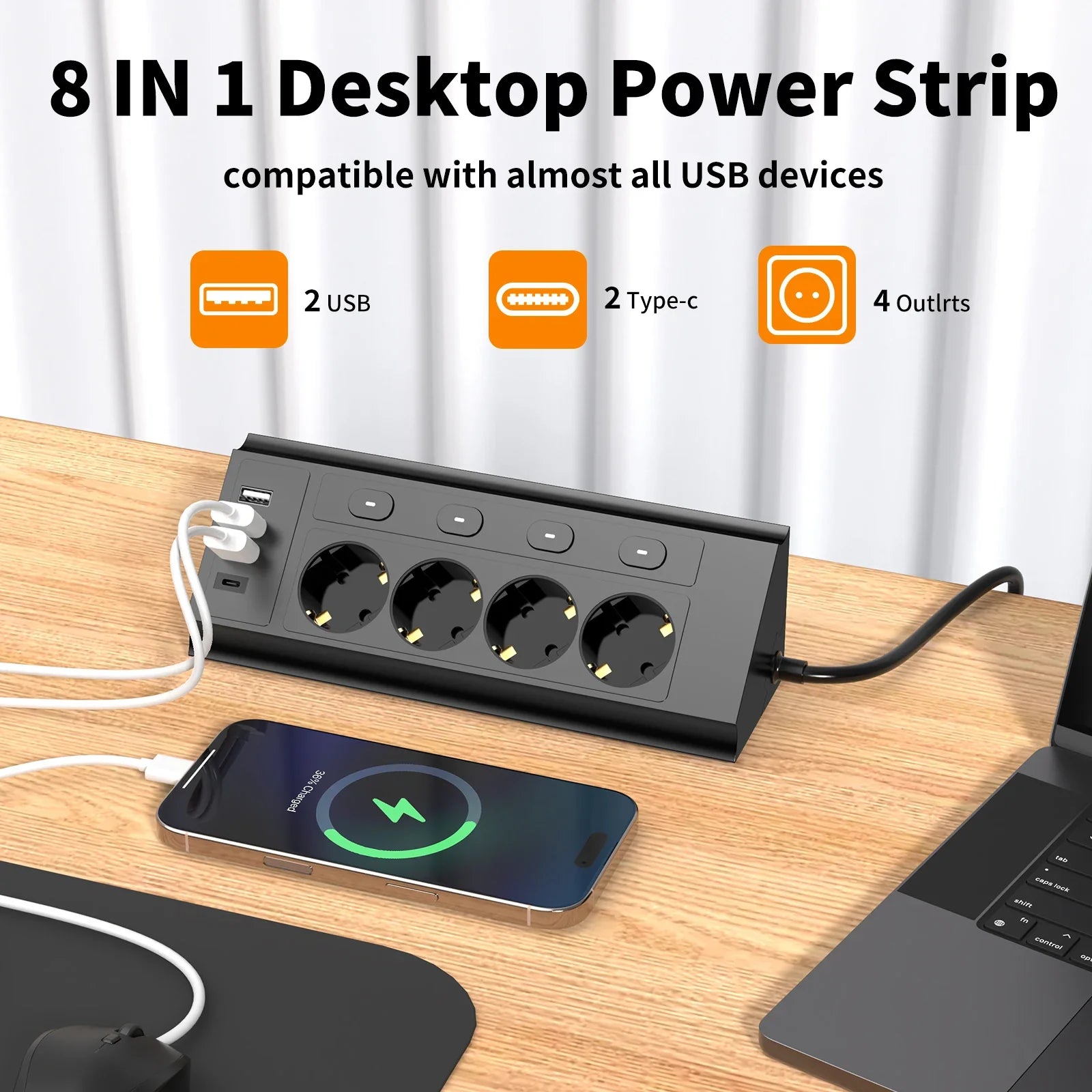 Multiprise d'Angles de Bureau avec Interrupteur de Contrôle - 4 Prises + 4 Ports