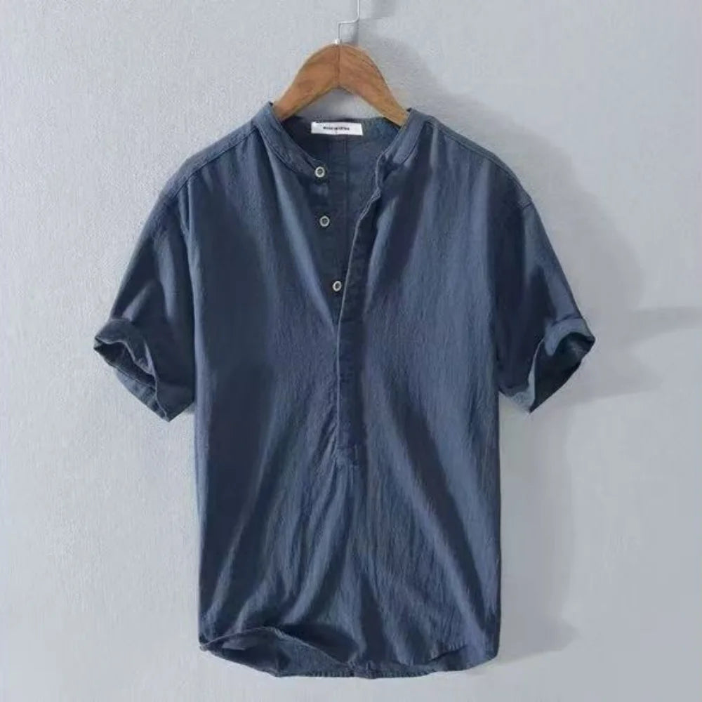 Chemise Henley Homme en Coton et Lin – Manches Courtes, Légère et Décontractée
