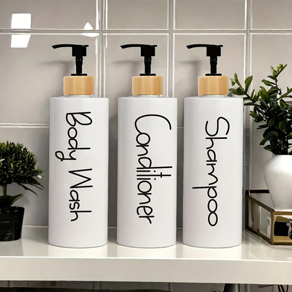 Lot 3 Flacons Pompe Rechargeables Salle de Bain — Shampoing, Gel Douche & Après-Shampooing