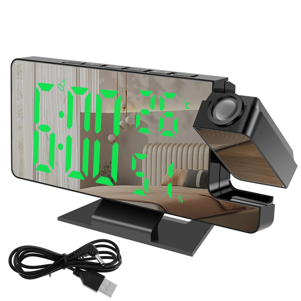 Réveil Numérique LED avec Projection de l’Heure – Écran Miroir, Alarme, Thermomètre, Calendrier & Mode Nuit – Horloge de Chevet