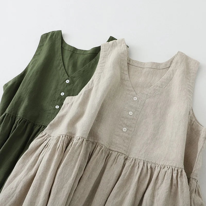 Robe Cozy en coton & Lin Sans Manche à Boutons Nacrés