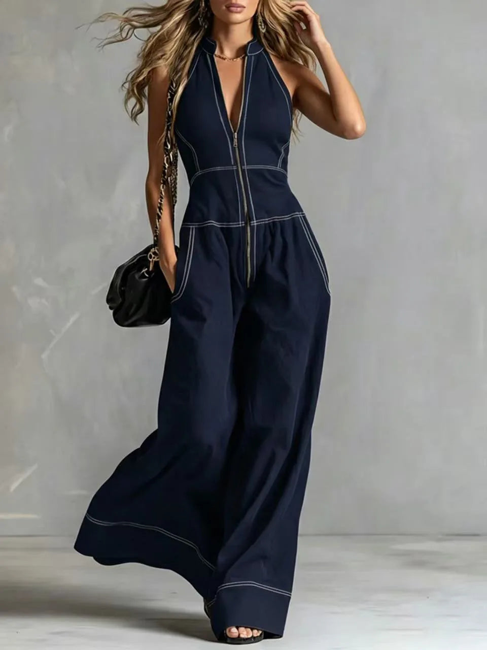 Combinaison Pantalon à Fermeture Éclair & Sans Manches – Style Rétro Années 70