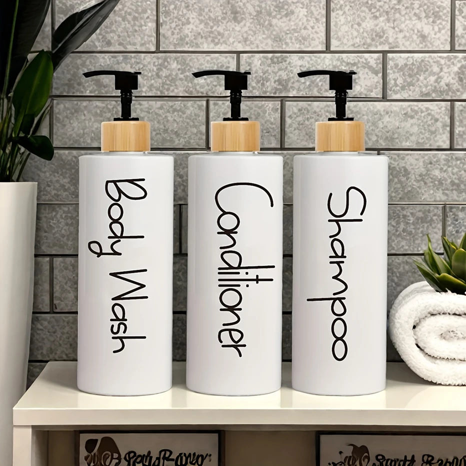 Lot 3 Flacons Pompe Rechargeables Salle de Bain — Shampoing, Gel Douche & Après-Shampooing