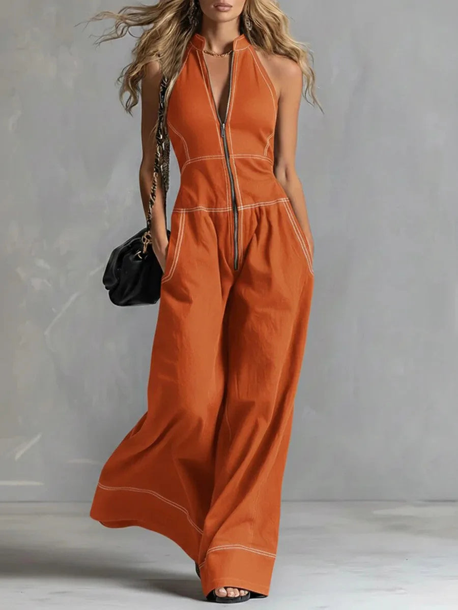 Combinaison Pantalon à Fermeture Éclair & Sans Manches – Style Rétro Années 70