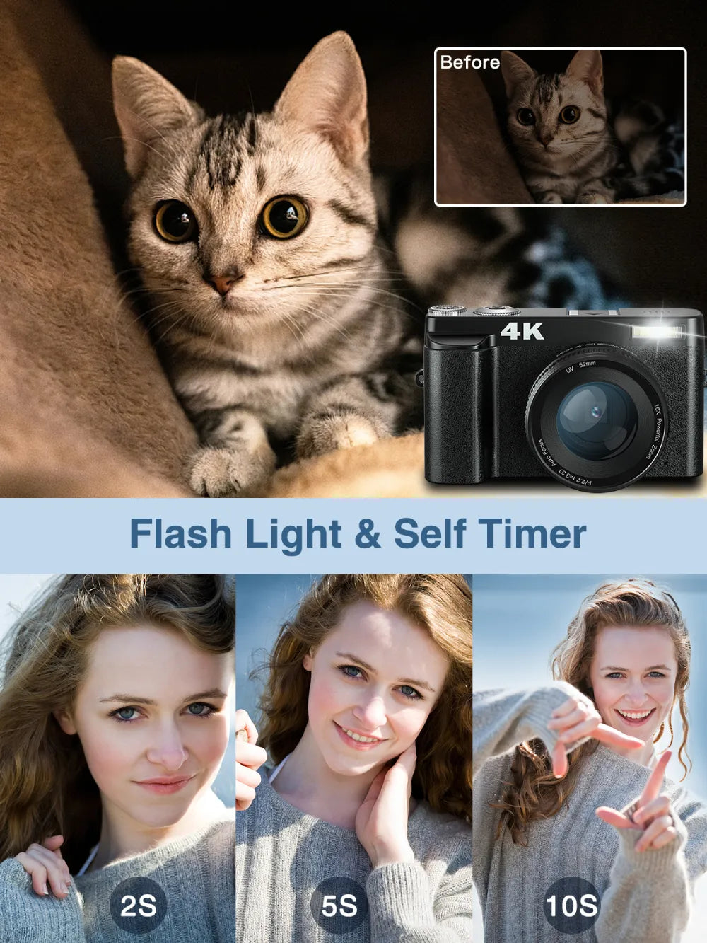 Appareil photo numérique 4K avec écran rabattable - Autofocus, Flash...