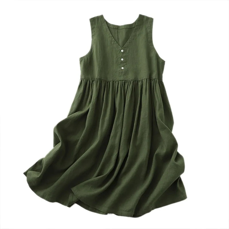 Robe Cozy en coton & Lin Sans Manche à Boutons Nacrés