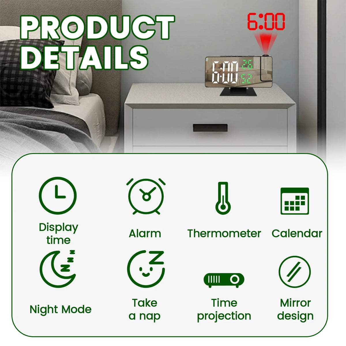 Réveil Numérique LED avec Projection de l’Heure – Écran Miroir, Alarme, Thermomètre, Calendrier & Mode Nuit – Horloge de Chevet