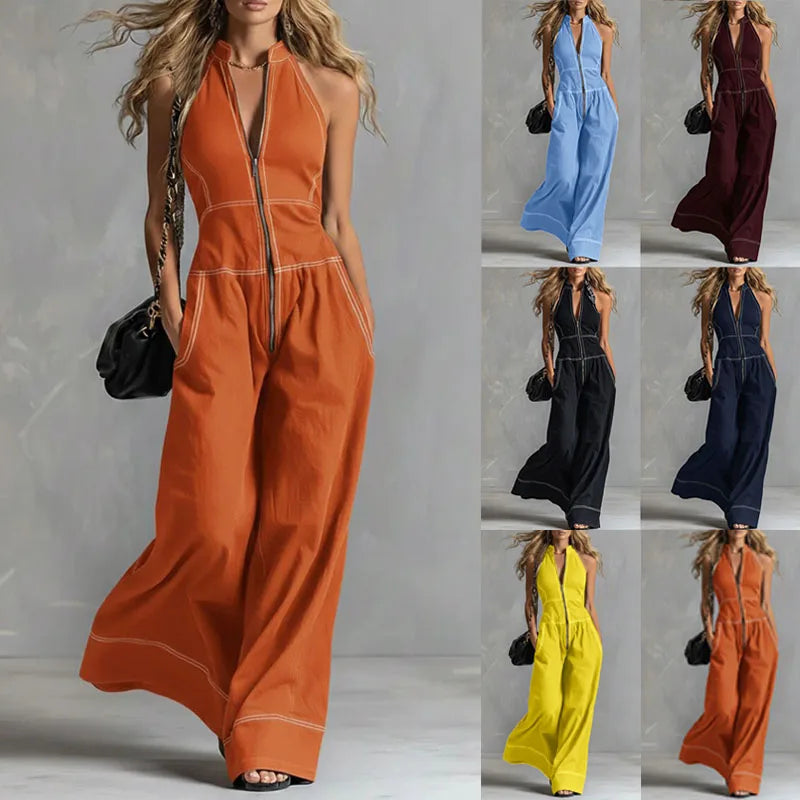 Combinaison Pantalon à Fermeture Éclair & Sans Manches – Style Rétro Années 70