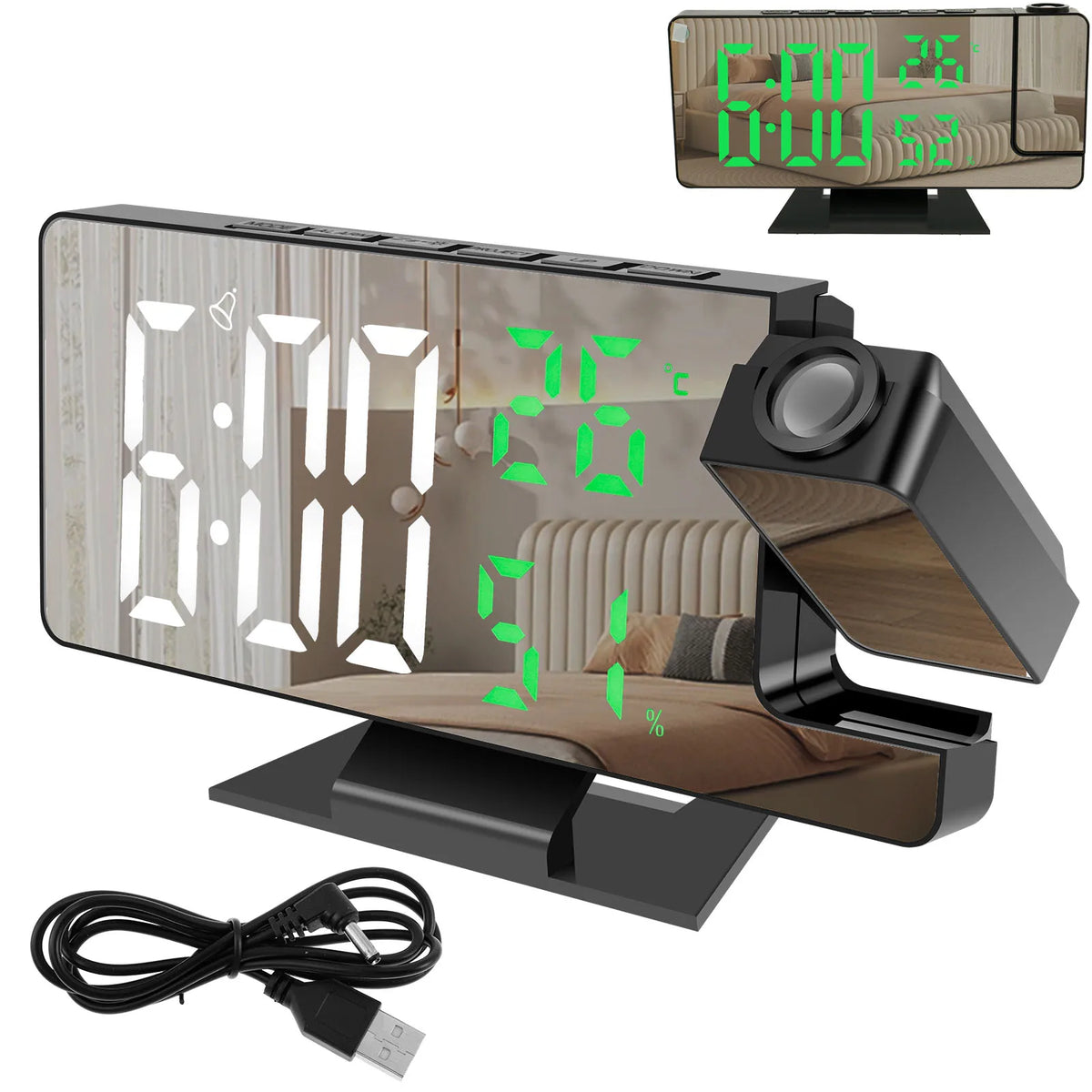 Réveil Numérique LED avec Projection de l’Heure – Écran Miroir, Alarme, Thermomètre, Calendrier & Mode Nuit – Horloge de Chevet