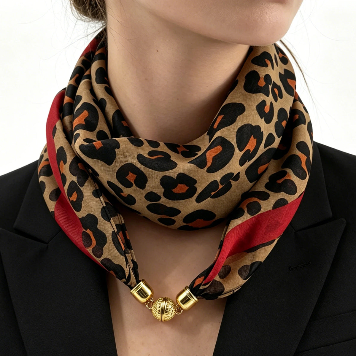 Foulard en Mousseline à Motifs Léopard Femme 60CM– Fermeture à Boucle Magnétique