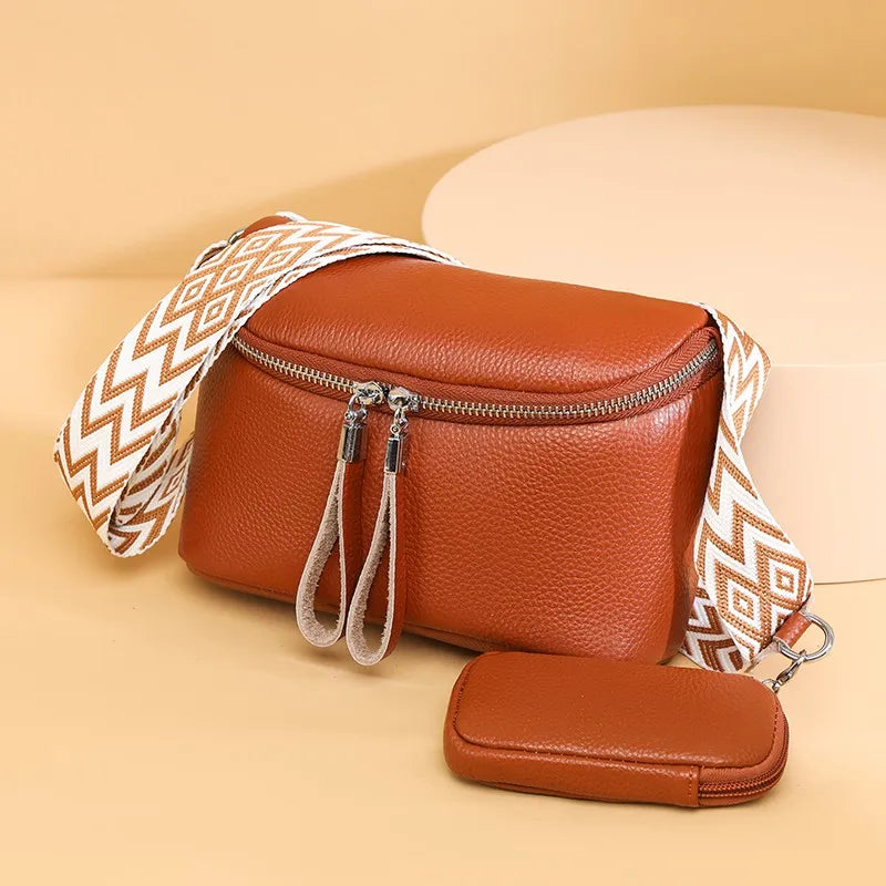 Sac Bandoulière Femme en Cuir Véritable + Mini Pochette