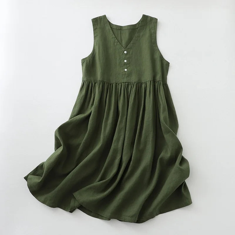 Robe Cozy en coton & Lin Sans Manche à Boutons Nacrés